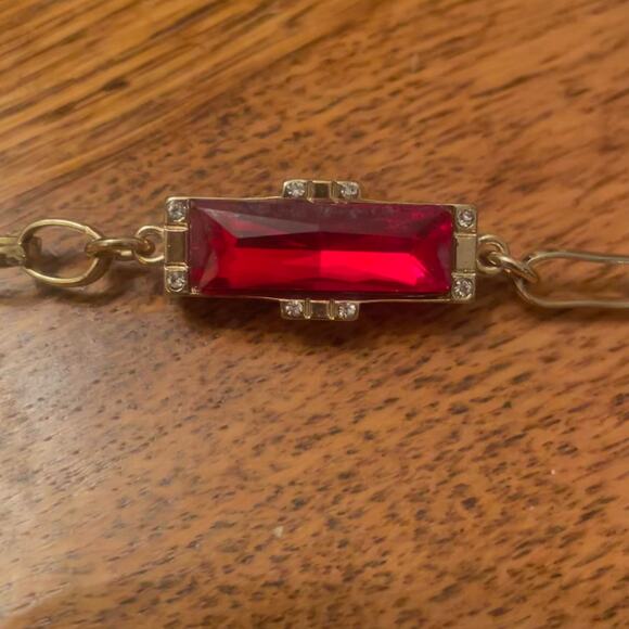 Chico's Gold Tone Layering Chain Necklace with Rectangle Red Black Gem Station - Picture 3 of 6